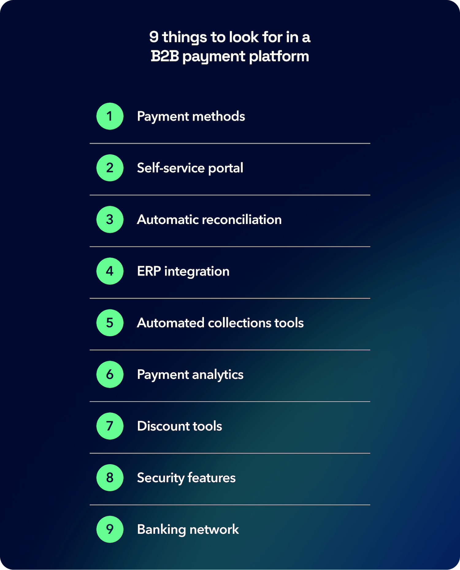 What to look for in a B2B platform: payment methods, self-service, reconciliation, ERP, automation, analytics, discount tools, security