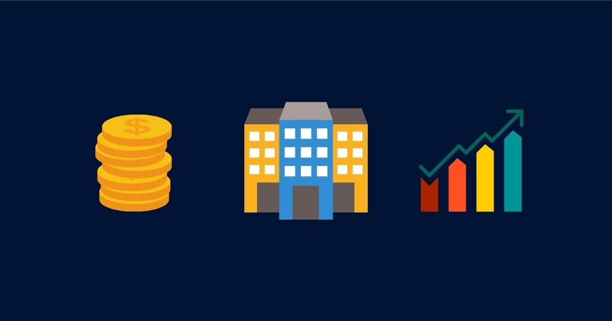 A home with money on one side and an increasing bar graph on the other side.